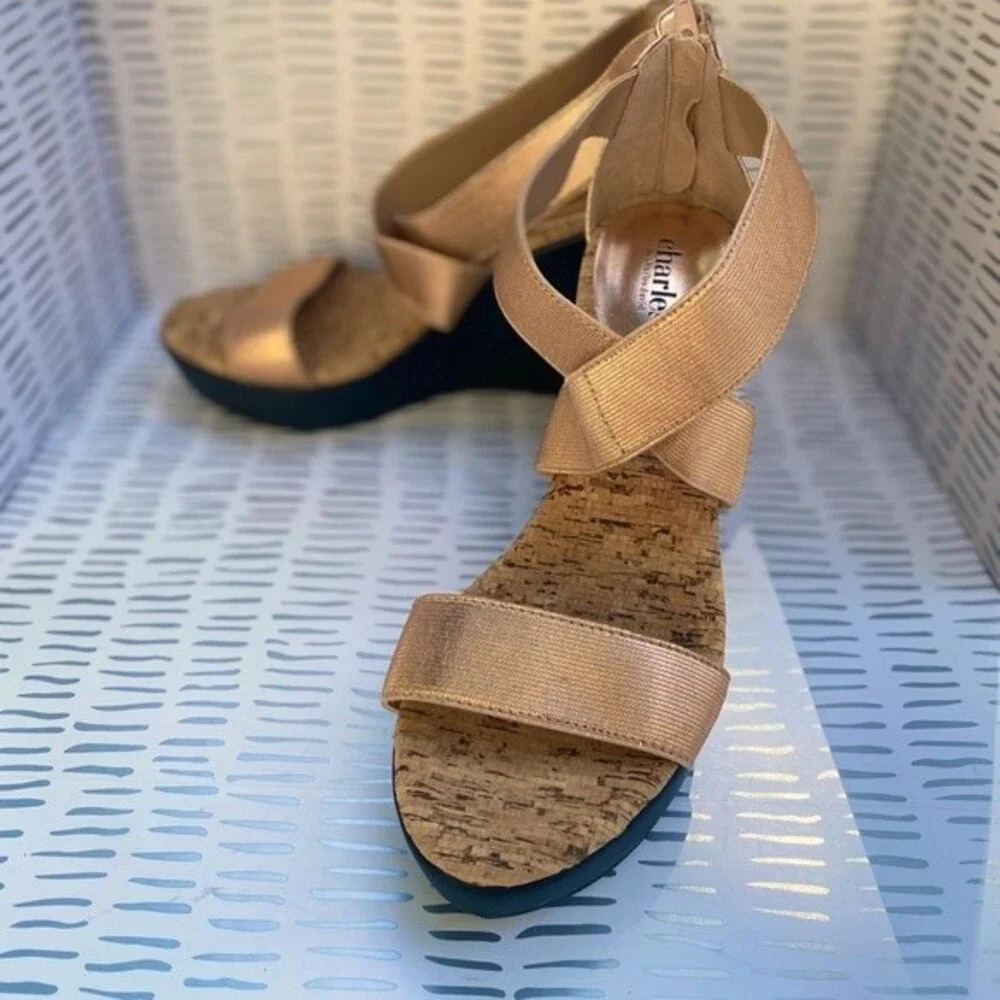 Charles by Charles David Rose Gold‎ Strappy Cork Back Zip Wedges size 8